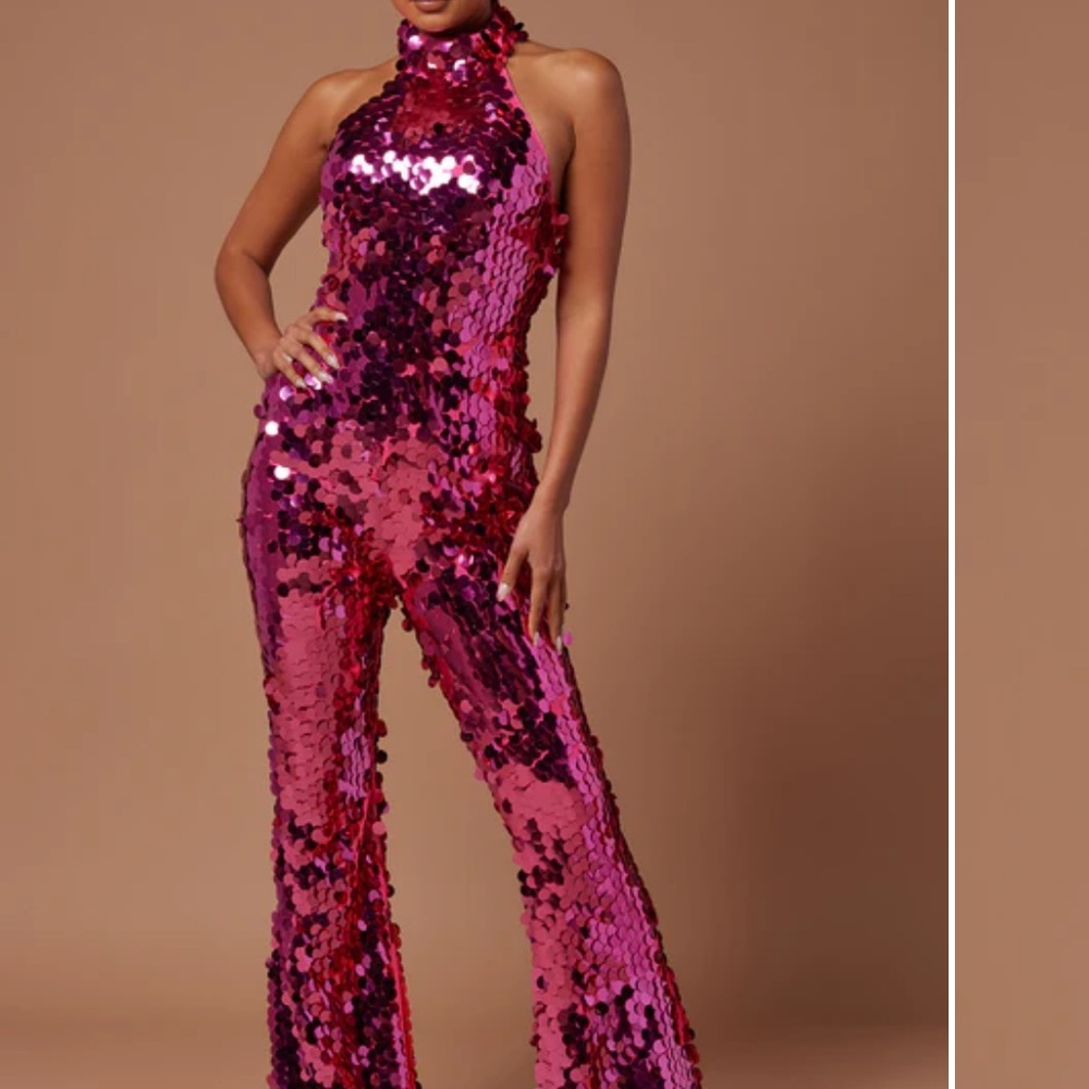 Hot Pink sequin halter jumpsuit